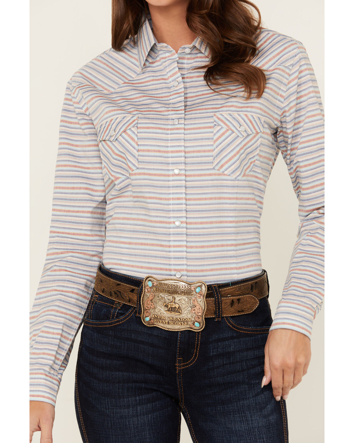 Image #3 - Rough Stock by Panhandle Women's Striped Long Sleeve Pearl Snap Western Shirt, Multi, hi-res