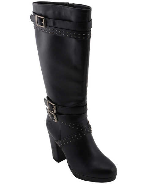 Milwaukee Leather Women's Platform Heel Studded Strap Boot - Round Toe, Black, hi-res