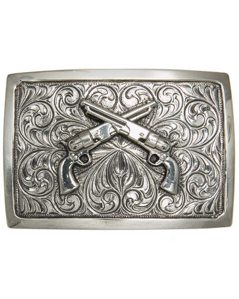 AndWest Antique Silver Crossed Pistols Iconic Buckle, Silver, hi-res