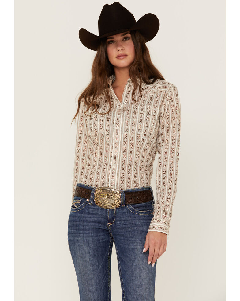 Roper Women's Floral Stripe Print Long Sleeve Snap Western Shirt, Brown, hi-res