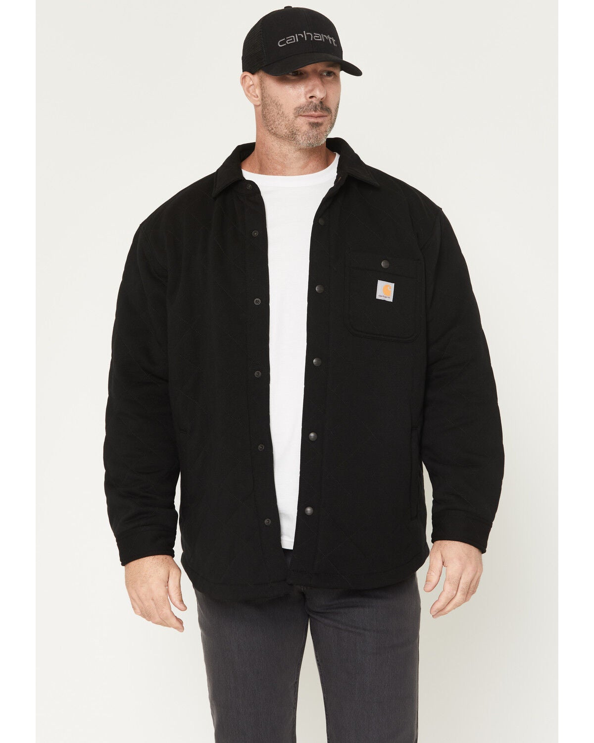 Carhartt Men's Rain Defender&reg; Loose Fit Heavyweight Quilted Snap Front Shirt Jacket, Black, hi-res