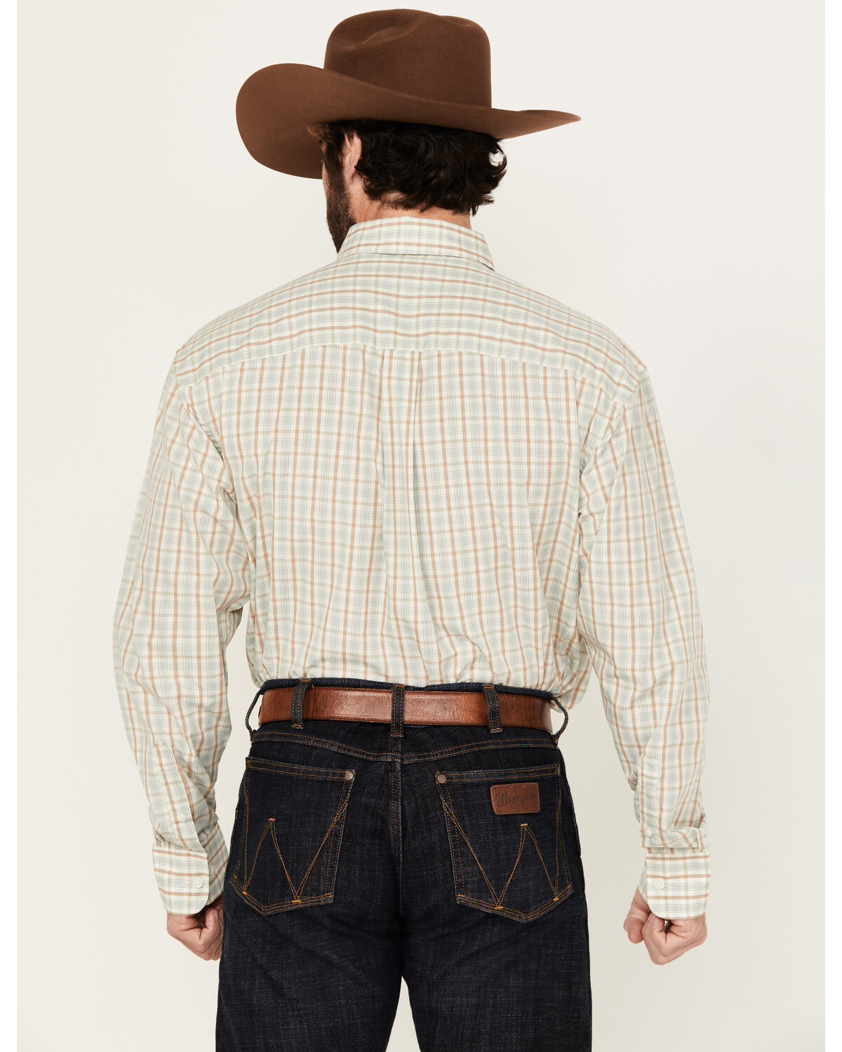 Image #4 - Wrangler Men's Plaid Print Long Sleeve Button-Down Stretch Western Shirt, Tan, hi-res