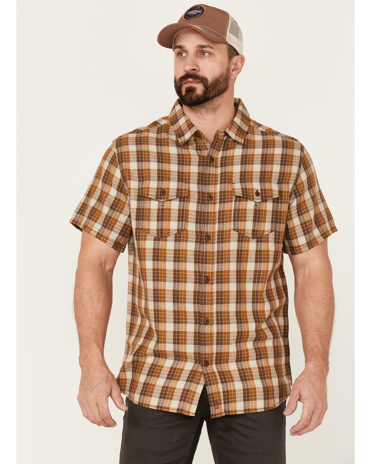Brothers and Sons Men's Plaid Short Sleeve Button-Down Western Shirt, Beige/khaki, hi-res