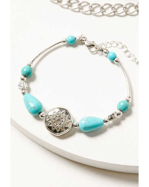 Image #2 - Shyanne Women's Silver & Turquoise Beaded Medallion Chain Bracelet Set, Silver, hi-res