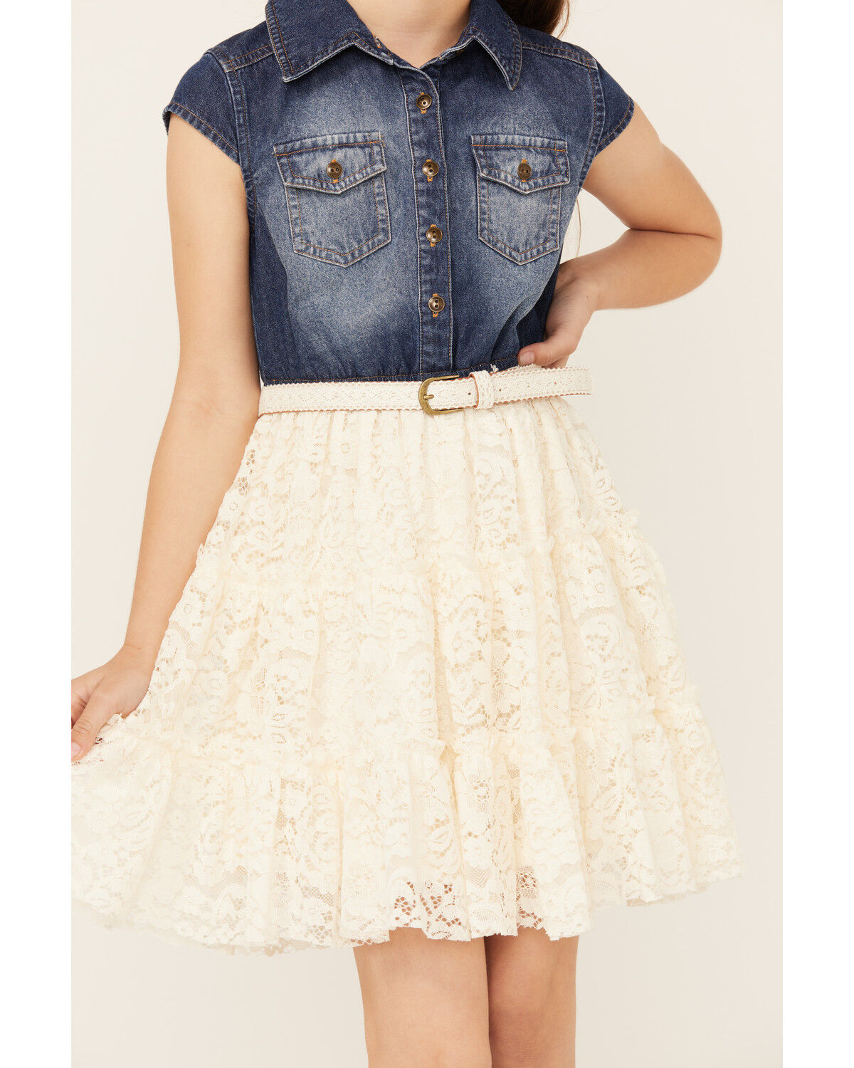Image #3 - Sugar California Girls' Belted Denim Lace Mini Dress, Cream, hi-res