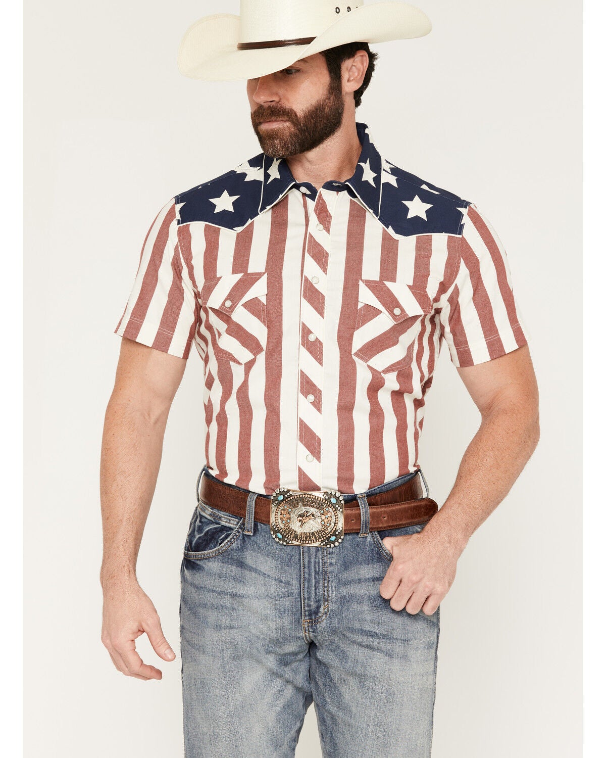 Image #1 - Rock & Roll Denim Men's Boot Barn Exclusive Stars & Stripes Short Sleeve Snap Stretch Western Shirt, Red, hi-res