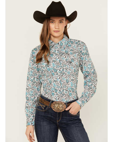 Image #1 - Cowgirl Hardware Floral Print Long Sleeve Snap Western Shirt , Turquoise, hi-res