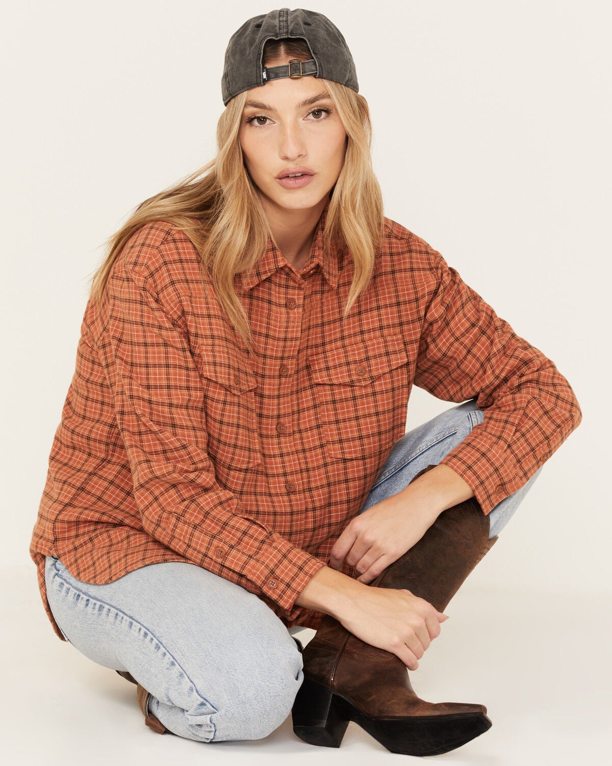 Cleo + Wolf Women's Plaid Print Oversized Long Sleeve Flannel Button Down Shirt, Cognac, hi-res