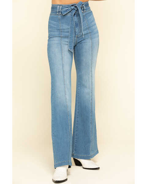 Image #1 - Flying Tomato Women's Denim Tie Front Flare Jeans , Blue, hi-res