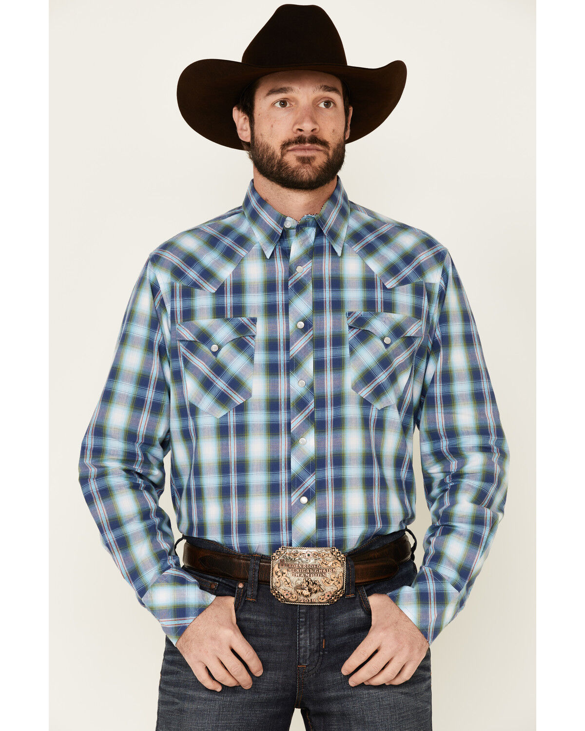 Image #1 - West Made Men's Dobby Plaid Long Sleeve Pearl Snap Western Shirt, Blue, hi-res
