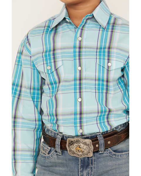 Image #3 - Panhandle Boys' Plaid Print Long Sleeve Pearl Snap Western Shirt, Turquoise, hi-res