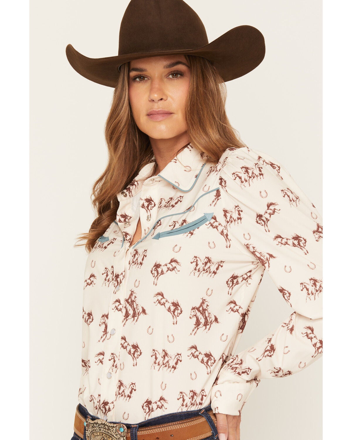 Image #2 - Howdy Hanny Women's Wild Mustang Long Sleeve Pearl Snap Performance Stretch Western Shirt, Ivory, hi-res