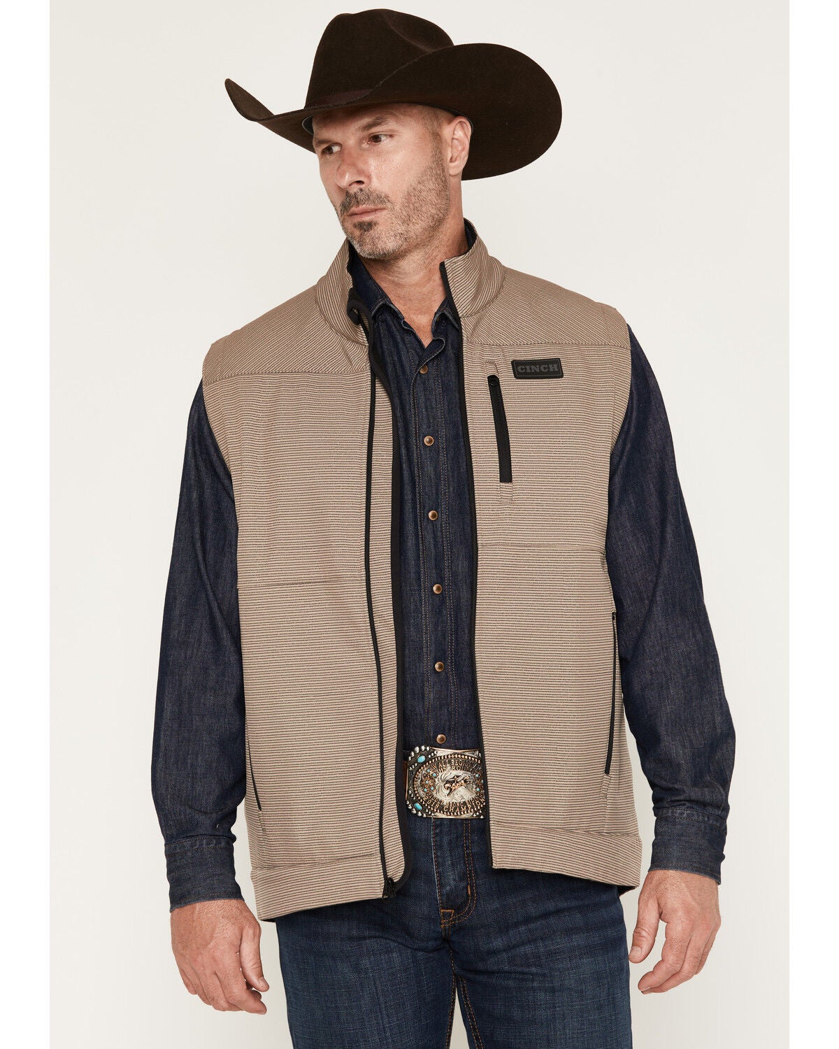 Cinch Men's Printed Concealed Carry Softshell Vest, Khaki, hi-res