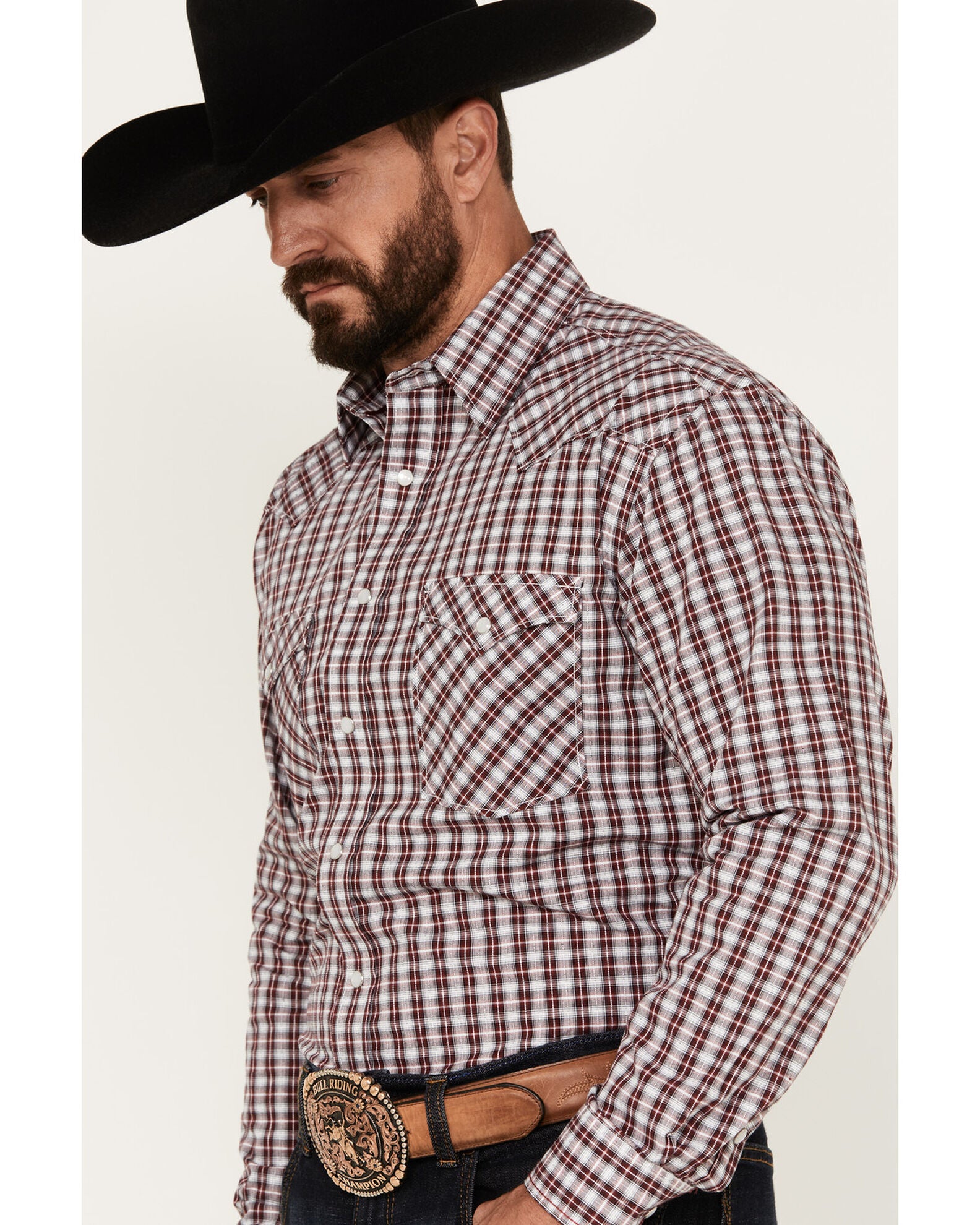 Rough Stock by Panhandle Men's Dobby Plaid Print Long Sleeve Pearl Snap ...