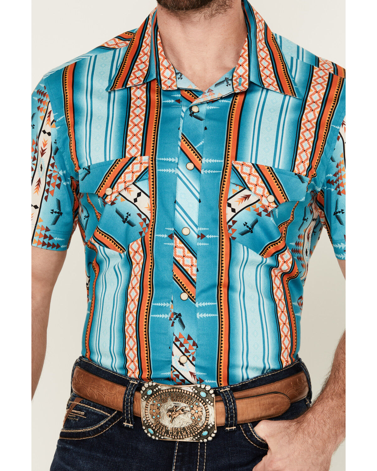 Image #3 - Rock & Roll Denim Men's Southwestern Striped Short Sleeve Snap Stretch Western Shirt, Turquoise, hi-res