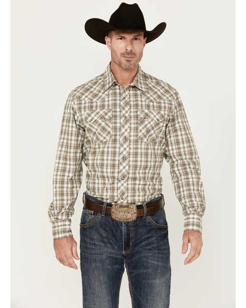 Image #1 - Wrangler Retro Men's Plaid Print Long Sleeve Snap Western Shirt, Tan, hi-res