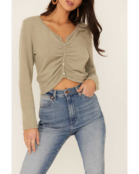 Wild Moss Women's Long Sleeve Super Soft Button Cinch Front Knit Top , Olive, hi-res