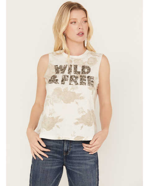 Image #1 - Idyllwind Women's Abby Wild and Free Embellished Graphic Tank, Ivory, hi-res