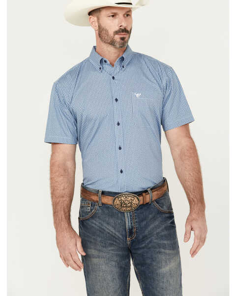 Image #1 - Cowboy Hardware Men's Diamond Plate Print Short Sleeve Button-Down Western Shirt , Blue, hi-res