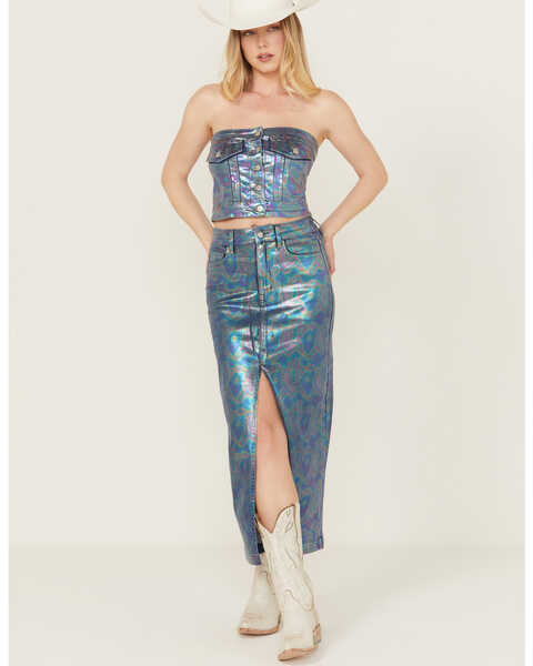 Image #1 - Vibrant Denim Women's Iridescent Maxi Skirt , Blue, hi-res