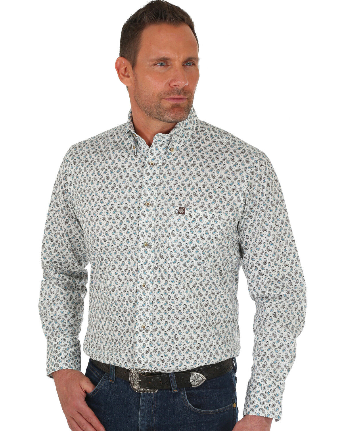 Image #1 - Wrangler Men's Performance Paisley Print Long Sleeve Western Shirt, White, hi-res