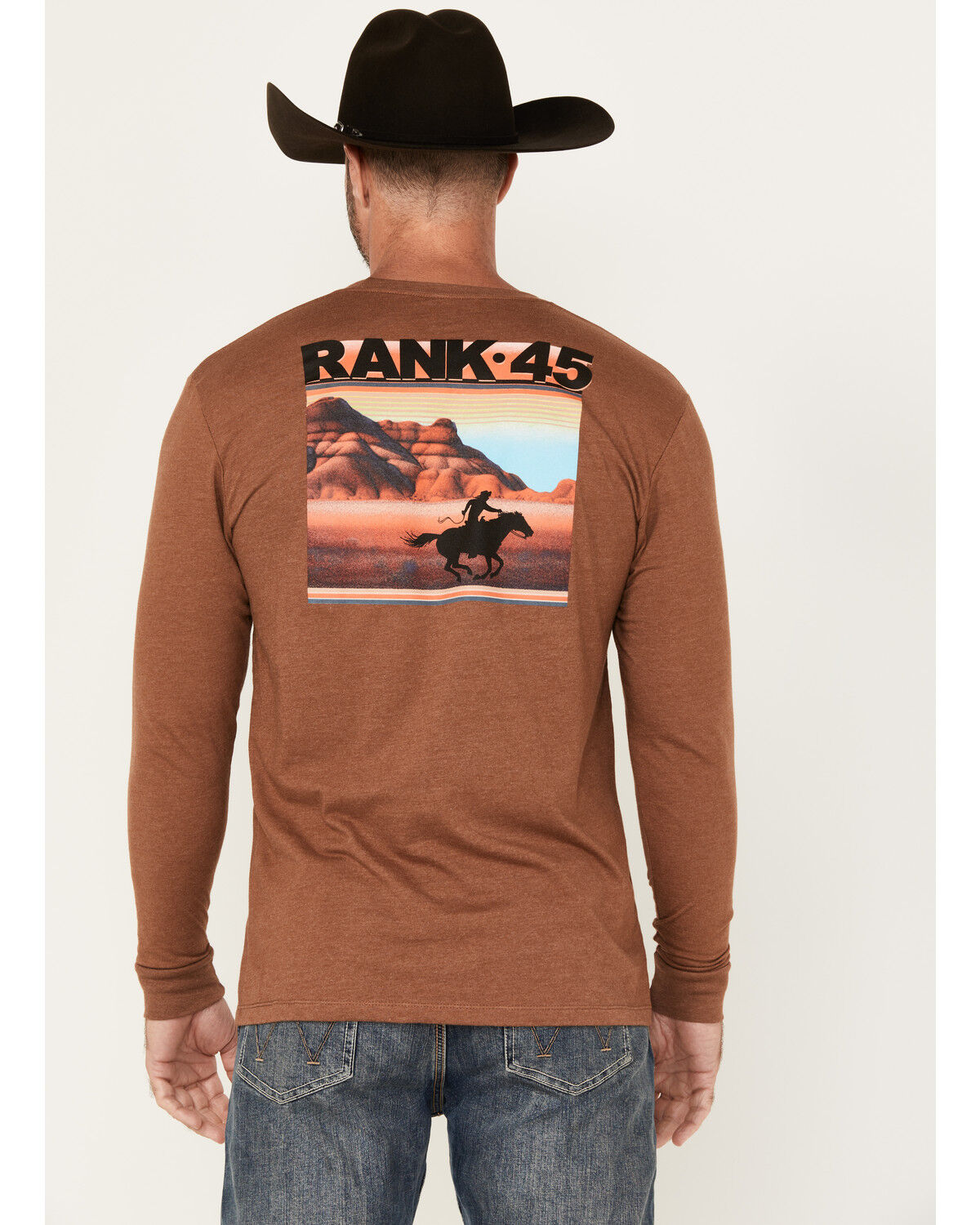 Image #1 - RANK 45® Men's Sunset Scenic Cowboy Long Sleeve Graphic T-Shirt, Lt Brown, hi-res