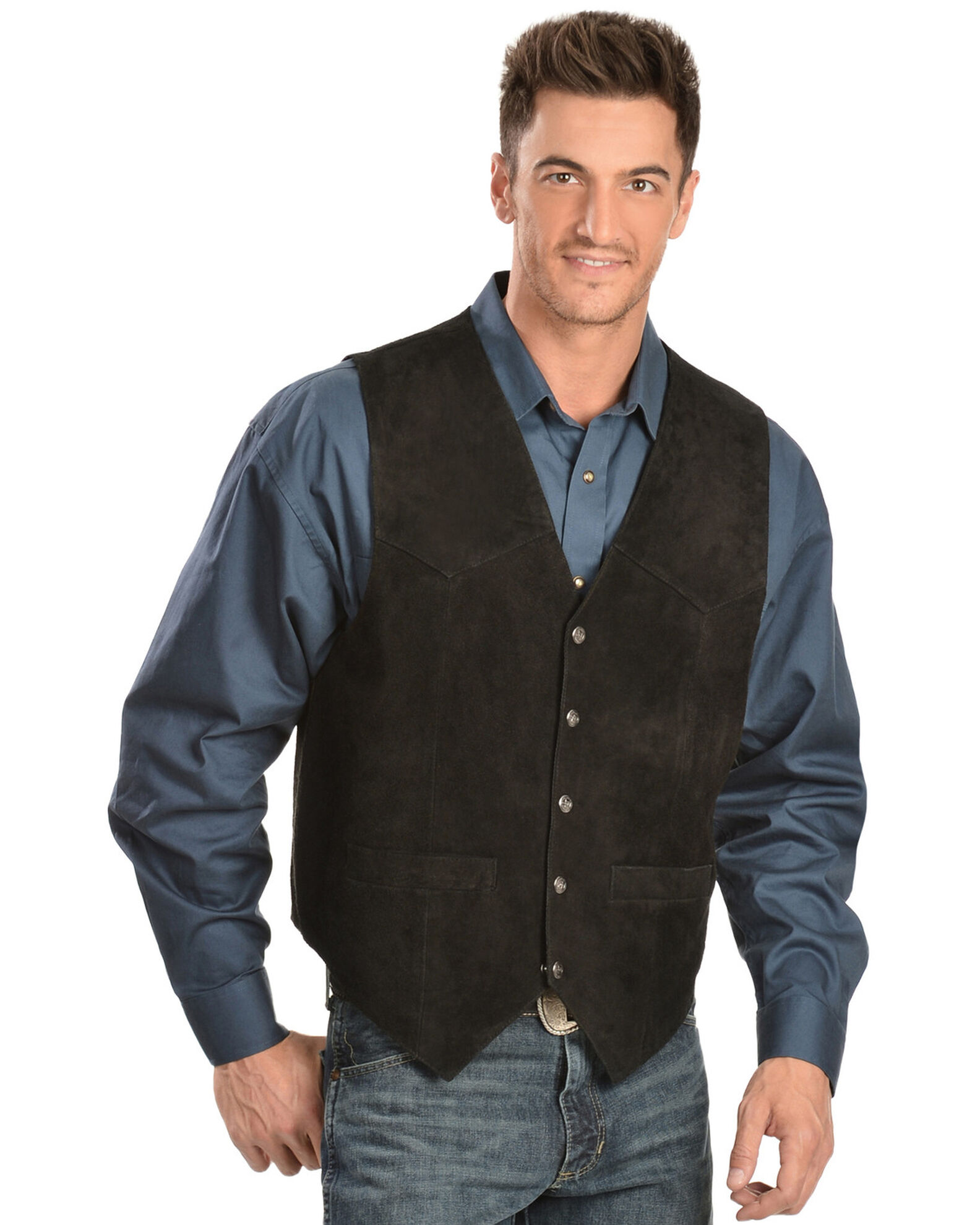 Image #2 - Scully Men's Calfskin Suede Snap Front Vest, Black, hi-res