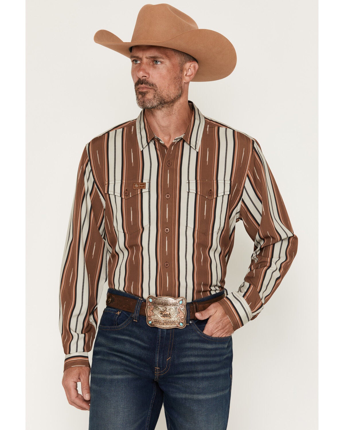 Zach Top X Kimes Ranch Men's Hickory Striped Long Sleeve Button-Down Stretch Western Shirt, Brown, hi-res
