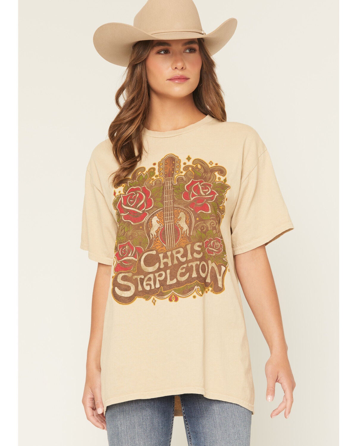 Merch Traffic Women's Chris Stapleton Rose Guitar Short Sleeve Graphic Tee, Tan, hi-res