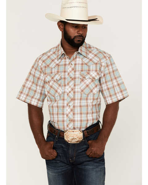 Image #1 - Wrangler Retro Men's Plaid Short Sleeve Snap Western Shirt , Brown, hi-res