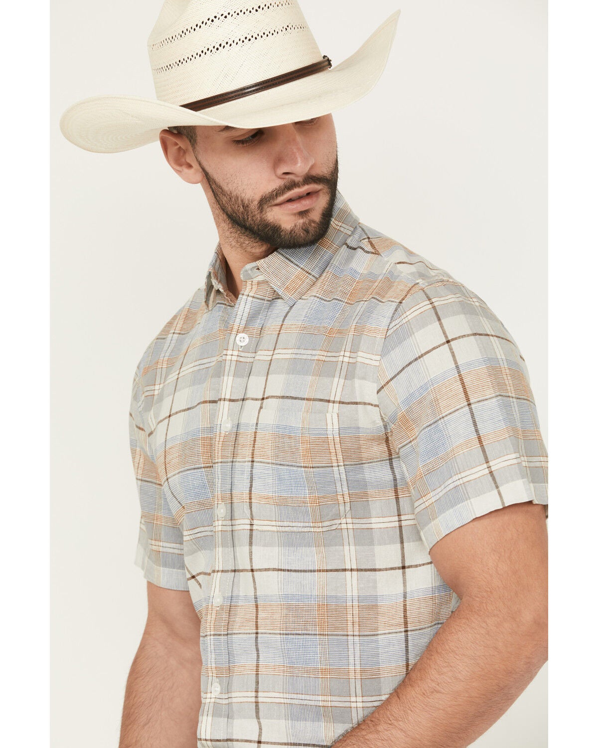 Image #2 - Pendleton Men's Dawson Plaid Print Short Sleeve Button-Down Linen Shirt, Grey, hi-res