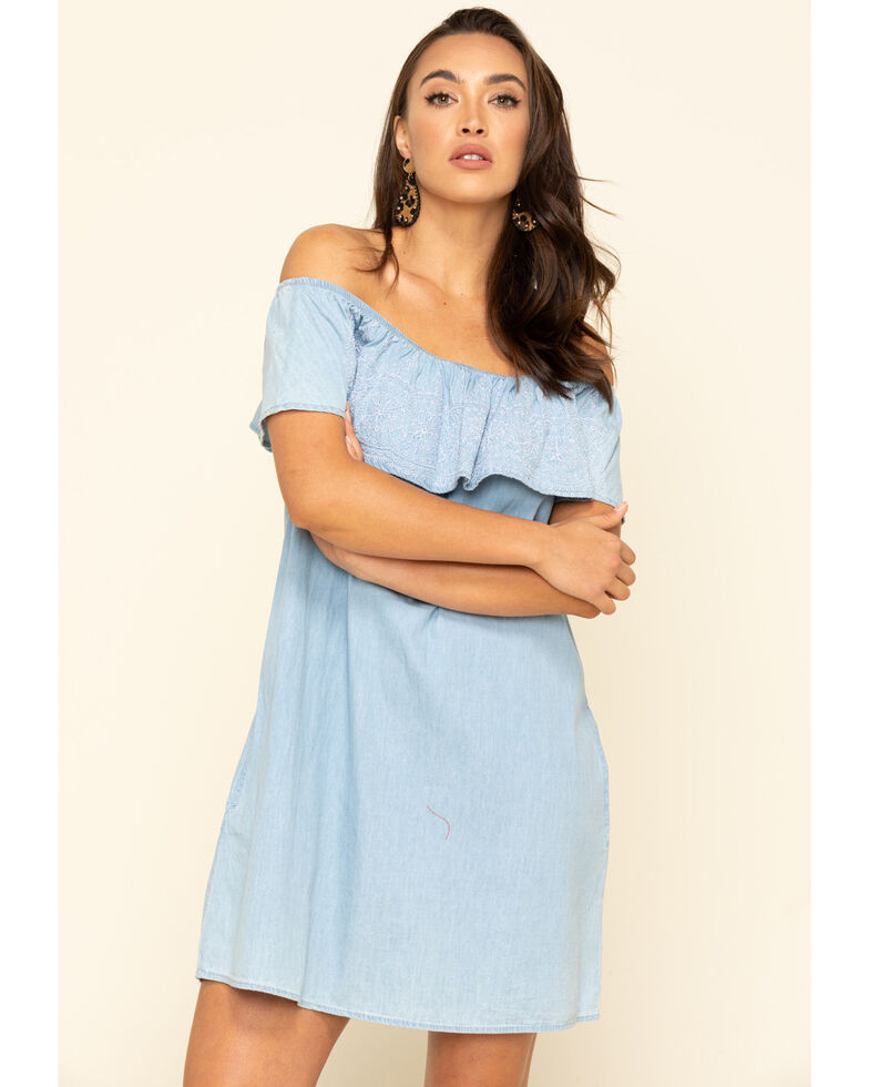 Red Label by Panhandle Women's Chambray Ruffle Off The Shoulder Dress, Blue, hi-res