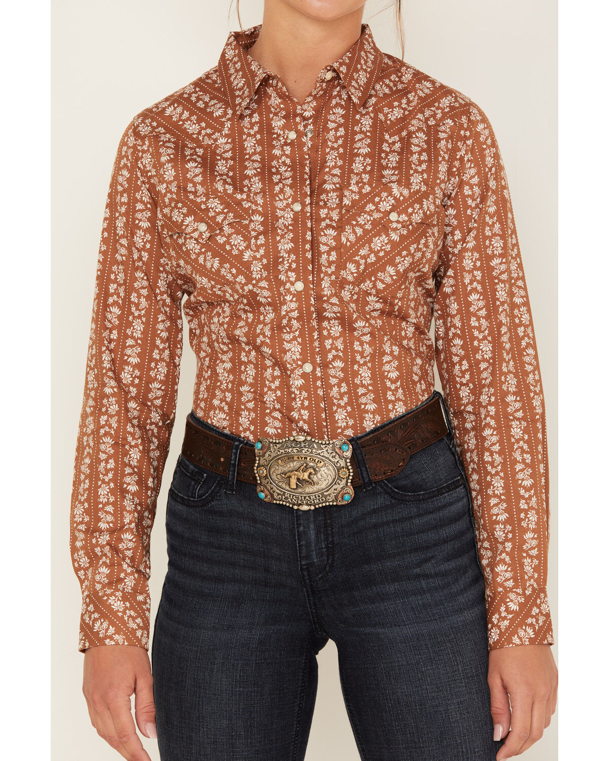 Image #3 - Wrangler Women's Boot Barn Exclusive Floral Dot Stripe Print Long Sleeve Western Pearl Snap Shirt, Rust Copper, hi-res