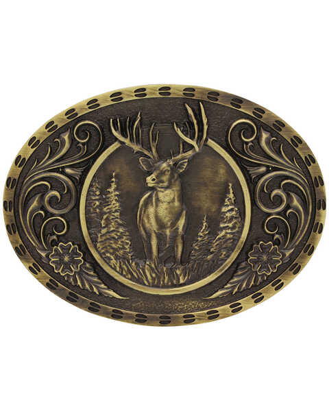 Montana Silversmiths Men's Heritage Outdoor Series Wild Stag Carved Belt Buckle, Gold, hi-res