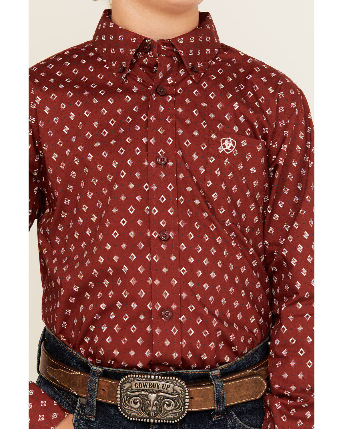 Image #3 - Ariat Boys' Classic Geo Print Long Sleeve Button-Down Western Shirt, Burgundy, hi-res