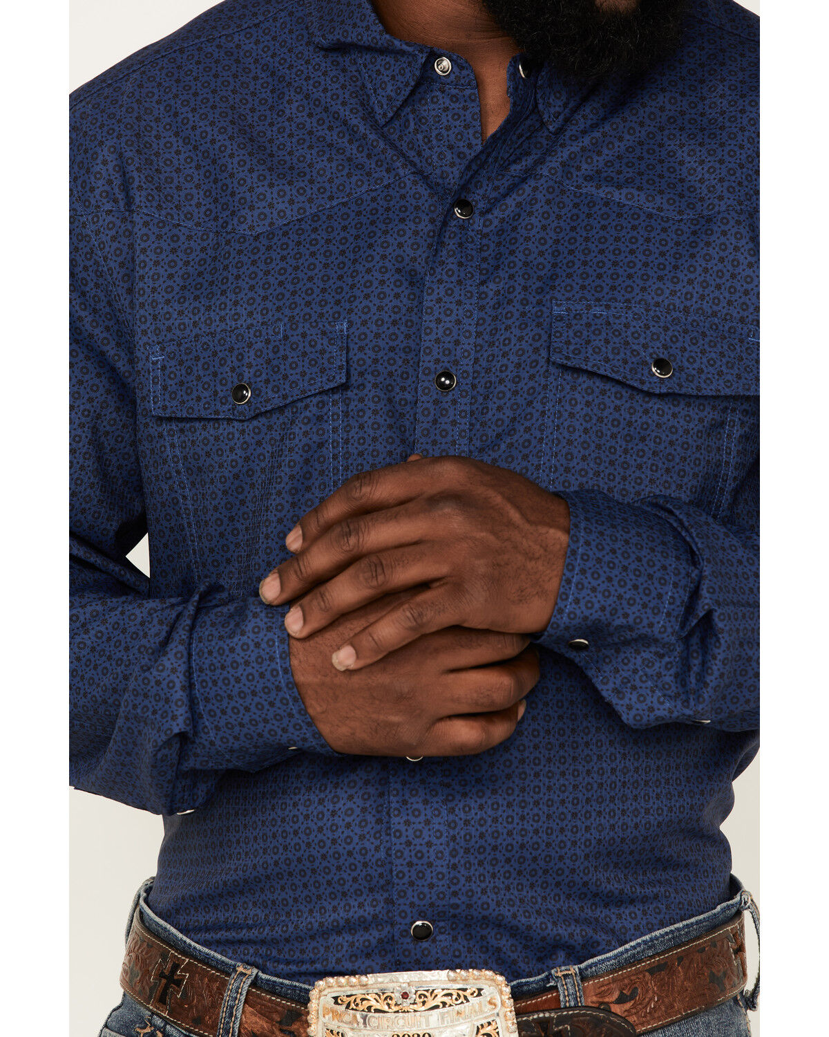 Image #3 - Rock & Roll Denim Men's Tek Geo Pattern Long Sleeve Snap Western Shirt, Blue, hi-res