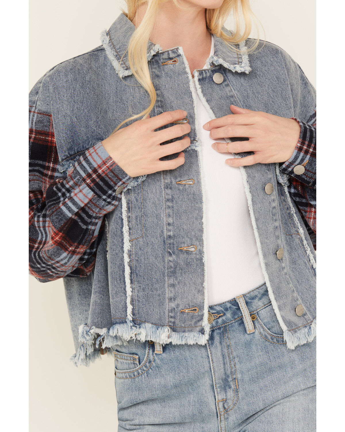 Image #3 - Miss Me Women's Medium Wash Denim Plaid Crochet Back Cropped Jacket, Medium Wash, hi-res