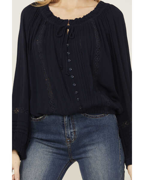 Image #3 - Wild Moss Women's Lace Detail Peasant Top, Navy, hi-res