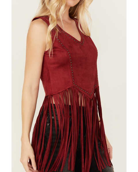 Image #2 - Idyllwind Women's Monticello Fringe Faux Suede Studded Tank , Dark Red, hi-res