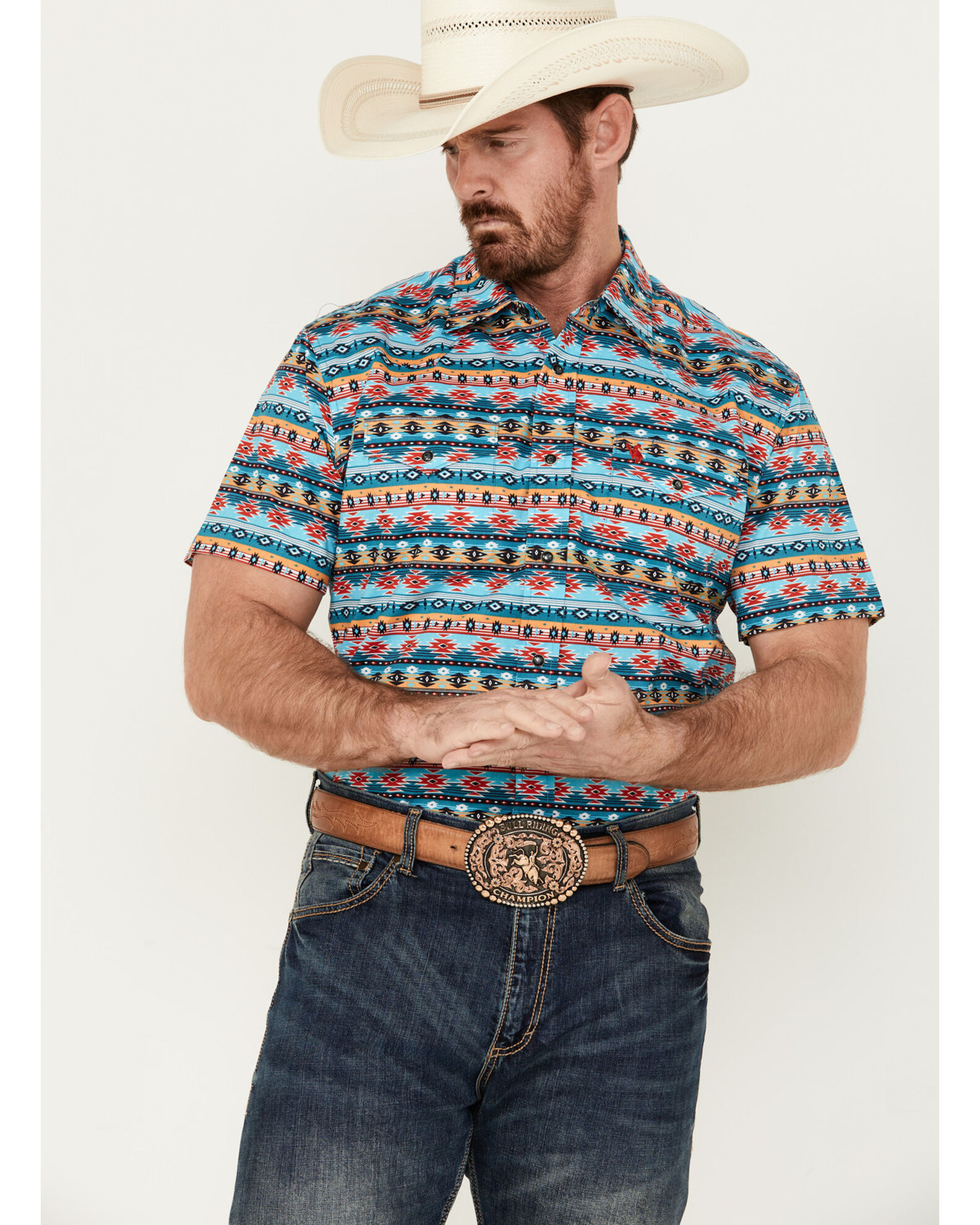 Rodeo Clothing Men s Southwestern Print Short Sleeve Snap Stretch Western Shirt Sheplers