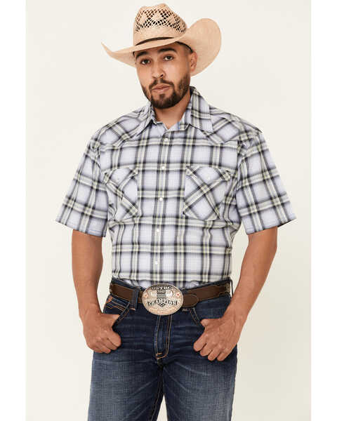 Image #1 - Rough Stock By Panhandle Men's Large Dobby Plaid Print Short Sleeve Pearl Snap Western Shirt , Blue, hi-res