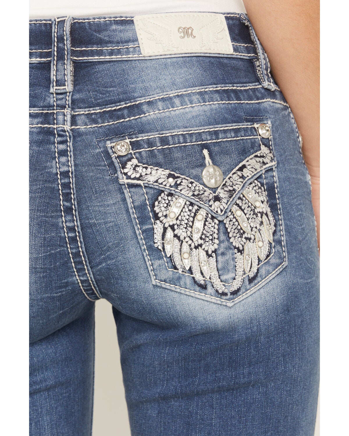 Image #2 - Miss Me Women's Dark Wash Mid Rise Winged Pocket 32" Bootcut Stretch Denim Jeans, Dark Wash, hi-res
