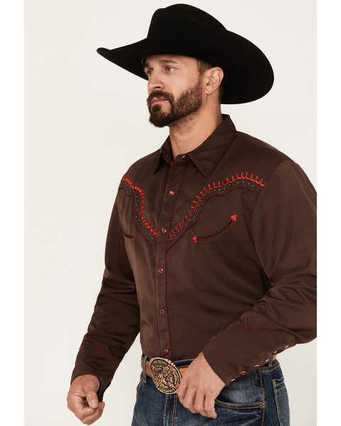 Image #2 - Scully Men's Thunderbird Embroidered Long Sleeve Pearl Snap Western Shirt, Chocolate, hi-res