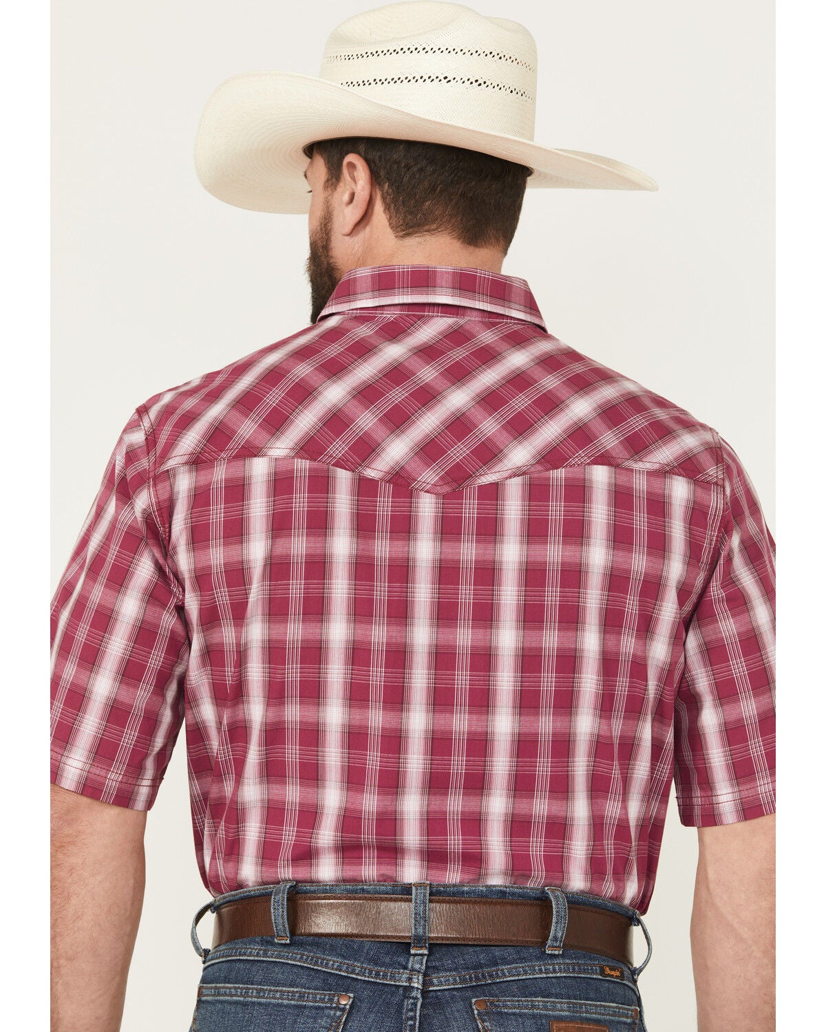 Image #4 - Wrangler 20X Men's Plaid Print Short Sleeve Snap Stretch Western Shirt - Tall, Wine, hi-res