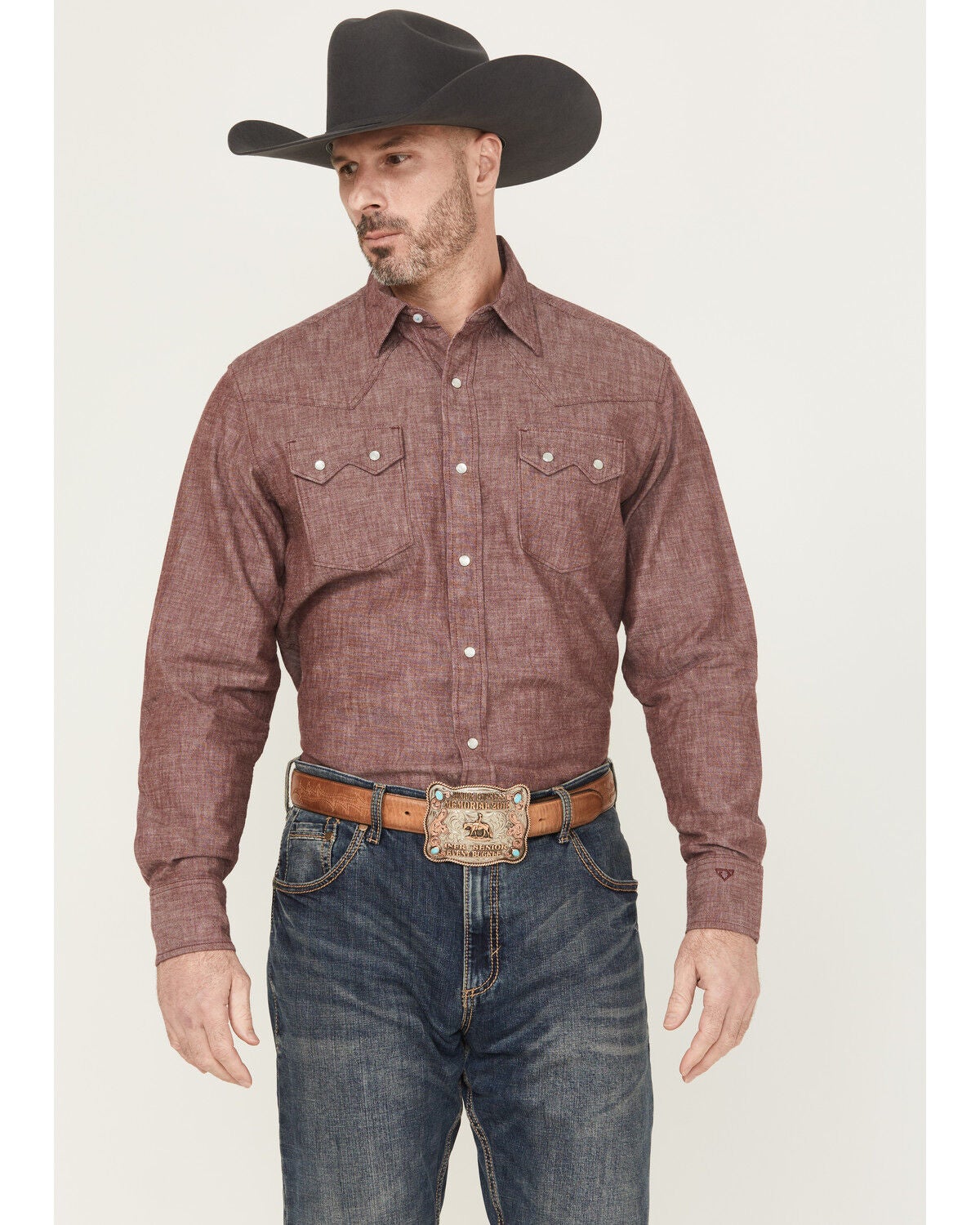 Image #1 - Wrangler X Cody Johnson Men's Textured Solid Long Sleeve Pearl Snap Western Shirt, Burgundy, hi-res