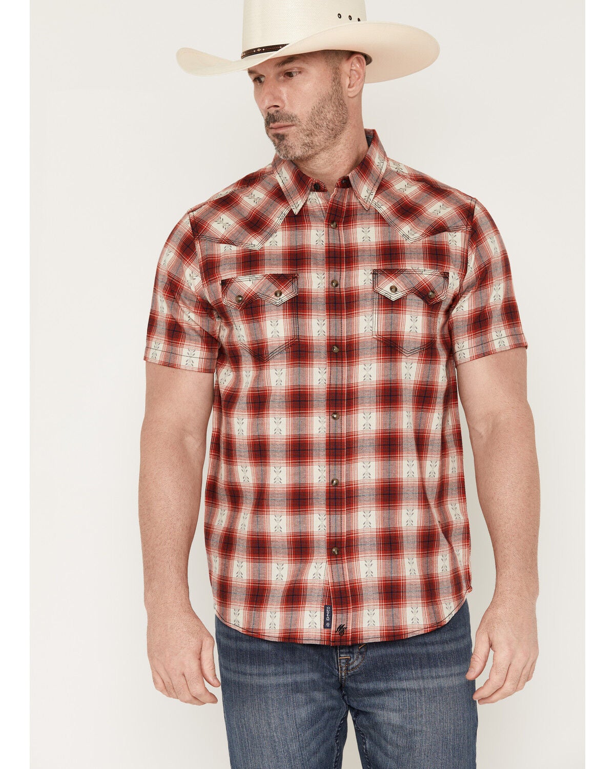 Image #1 - Moonshine Spirit&reg; Men's Deep Red Dobby Plaid Print Short Sleeve Snap Western Shirt, Red, hi-res