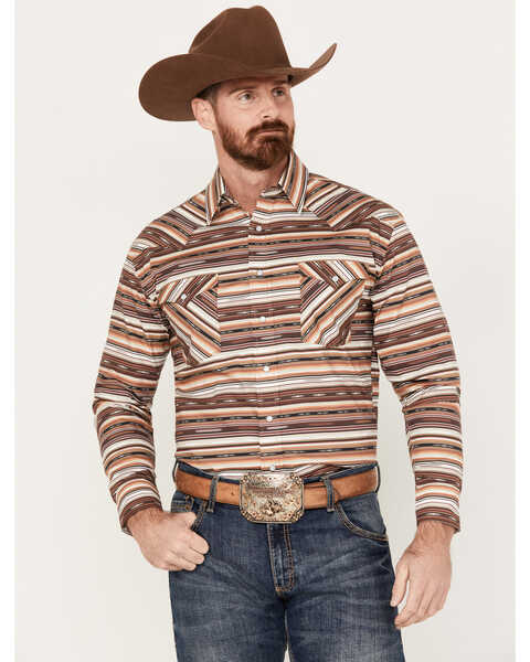 Image #1 - Rough Stock by Panhandle Southwestern Striped Long Sleeve Western Pearl Snap Shirt, Brown, hi-res