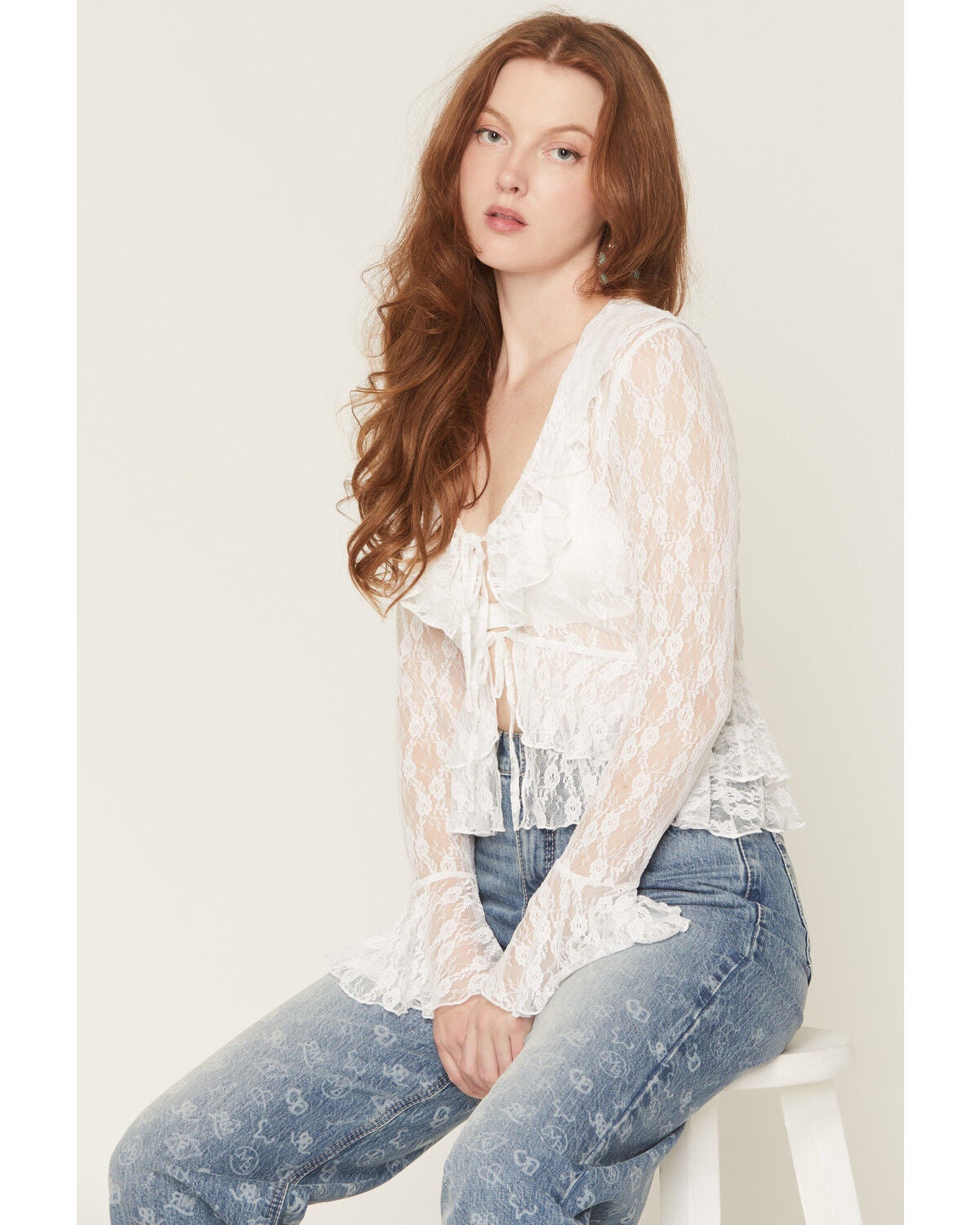 Image #1 - Ash & Violet Women's Lace Tie-Front Long Sleeve Top, White, hi-res