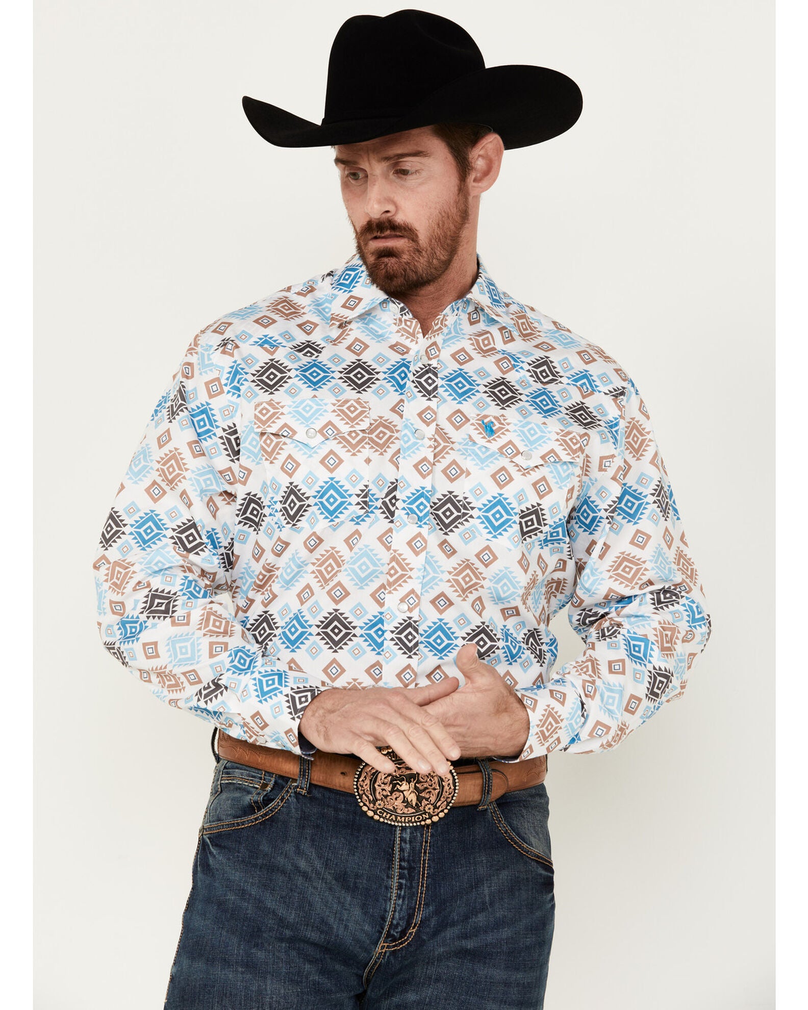 Product Name Rodeo Clothing Men's Southwestern Print Long Sleeve Pearl