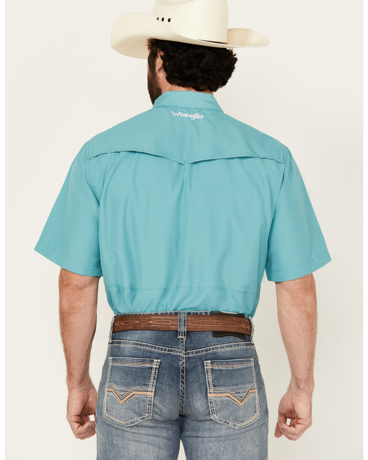 Image #4 - Wrangler Men's Solid Short Sleeve Snap Performance Western Shirt, Turquoise, hi-res